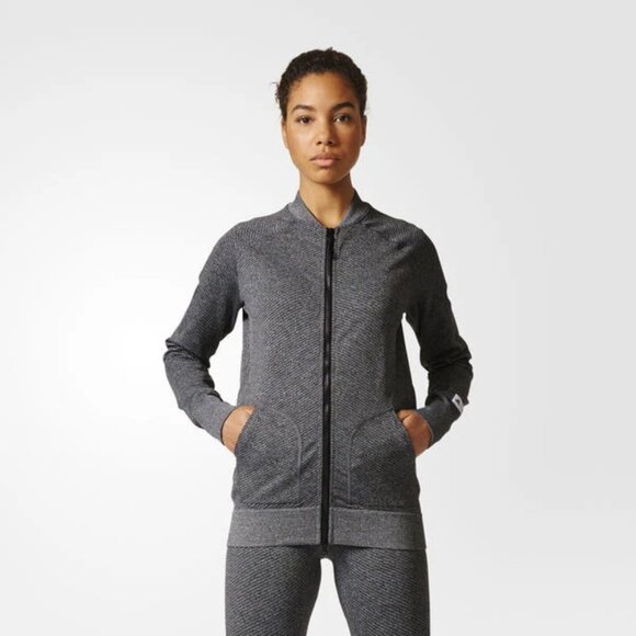 Adidas Reigning Champ Womens M Gray Bomber Jacket Chevron Stripe Primeknit Zip - Picture 1 of 5